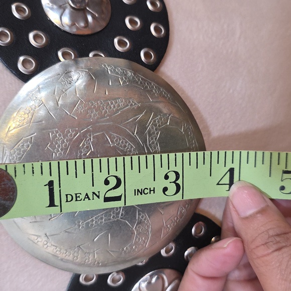90s Vintage Leather Belt Black Silver Disc Leather belt Women\'s Boho Disc Concho